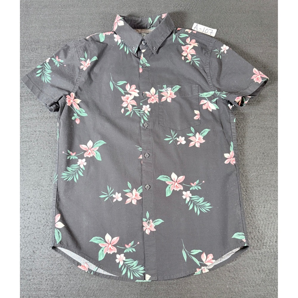 Hollister Epic Flex Mens XS Black Floral Tropical Short Sleeve Button Down Shirt